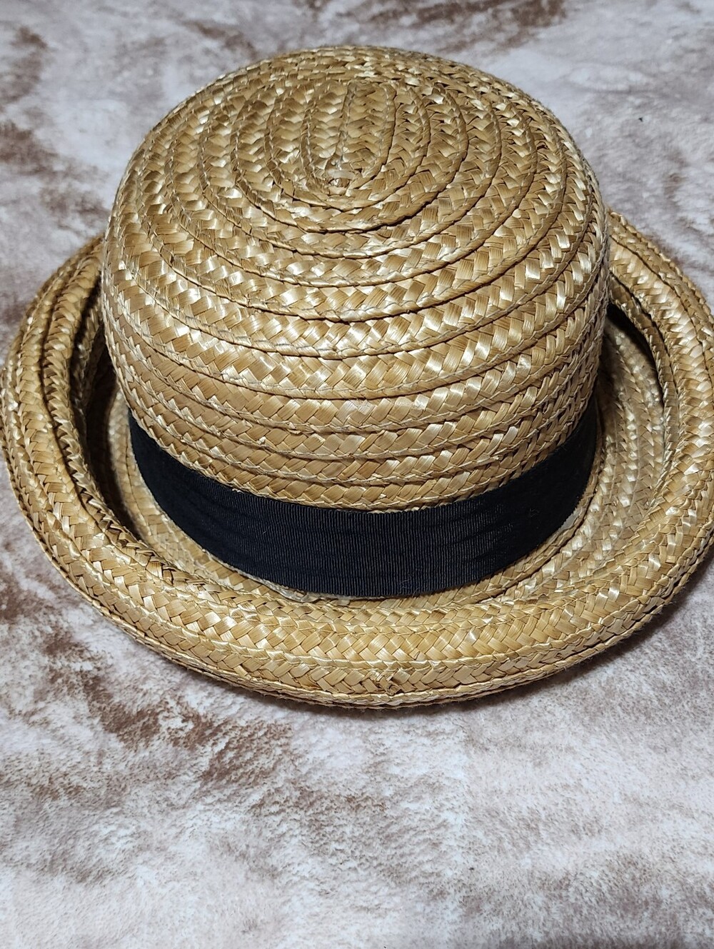 VINTAGE 80’s Straw Boater Hat Black Ribbon Cottage Chic French Riviera Style - Picture 2 of 8